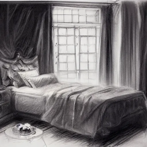 Prompt: charcoal sketch by art frahm and vladimir volegov, bedroom