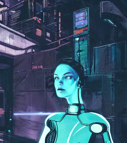 Prompt: robot woman with a hologram for a face, at a cyberpunk market, techwear, dead space, visible face, Industrial Scifi, detailed illustration, character portrait, by Martin Grip and Moebius