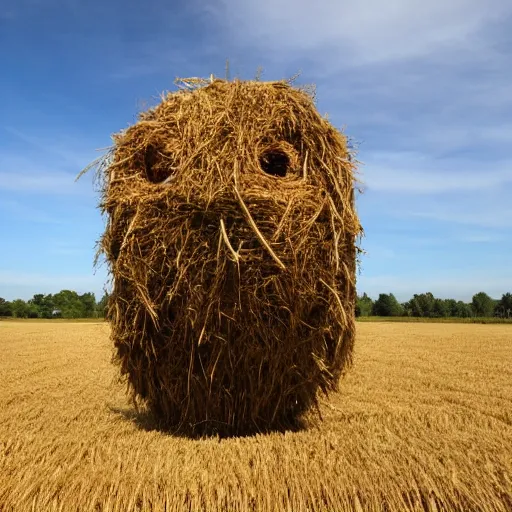 Image similar to a detailed hay monster in a field looking ominously at the camera