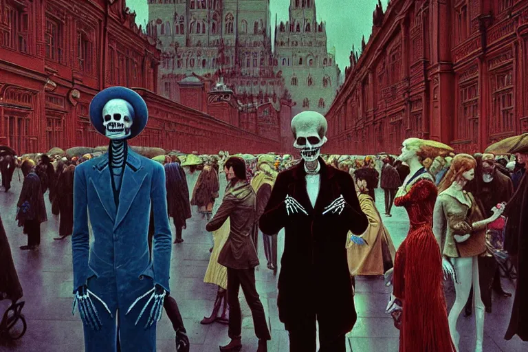 Image similar to realistic detailed photorealistic film portrait shot of a single skeleton wearing crimson velvet blazer in a crowded futuristic moscow street by Denis Villeneuve, Amano, Yves Tanguy, Alphonse Mucha, Ernst Haeckel, Andrei Tarkovsky, Edward Robert Hughes, Roger Dean, rich moody colours, wide angle, blue eyes