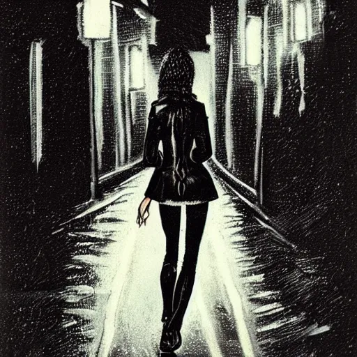 Prompt: girl in leather jacket walking down rainy city street at night, surreal, artwork by Ralph Bakshi