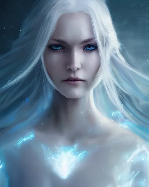 Image similar to perfect white haired girl, ethereal armor, beautiful, pretty face, blue eyes, detailed, windy weather, scifi, platform, laboratory, experiment, 4 k, ultra realistic, epic lighting, high detail, masterpiece, by akihito tsukushi, charlie bowater, ross tran