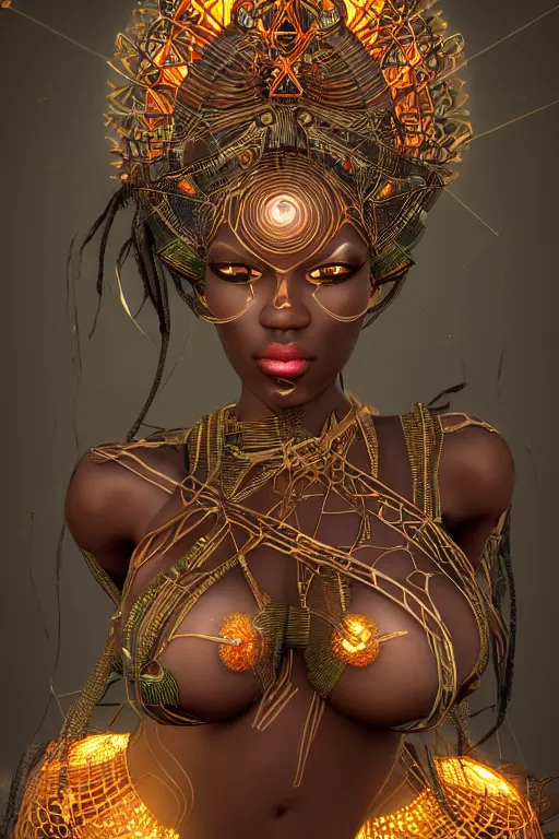 Prompt: a photo of a single alluring african tribal goddess adorned surrounded by sacred geometry made from mecha parts architecture and incense smoke, full body, gorgeous, perfect face, powerful, cinematic, beautifully lit, by artgerm, by karol bak, by viktoria gavrilenko, 3 d, trending on artstation, octane render, 8 k