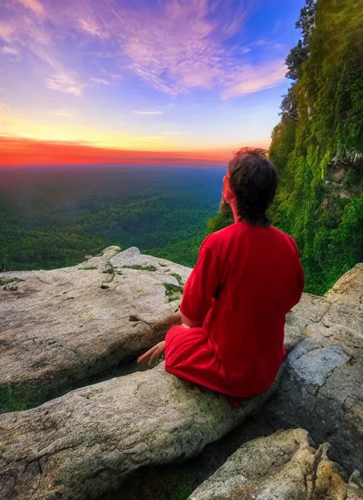 Image similar to an shaman sitting at the top of a cliff, looking down at the valley, doing a vision quest, beautiful sunset, art by lilia alvarado