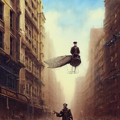 Image similar to a hyperrealistic painting of a steampunk airship pilot standing in the street of a bustling city, blue skies, by john kenn mortensen and zdzislaw beksinski, highly detailed, vivid color,