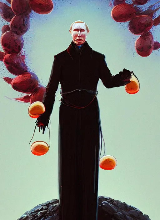 Prompt: a post - minimalism portrait of putin as the devil with mouth filled with unpeeled eggs with very long legs vibrant color scheme, highly detailed, in the style of romanticism, cinematic, artstation, moebius, greg rutkowski