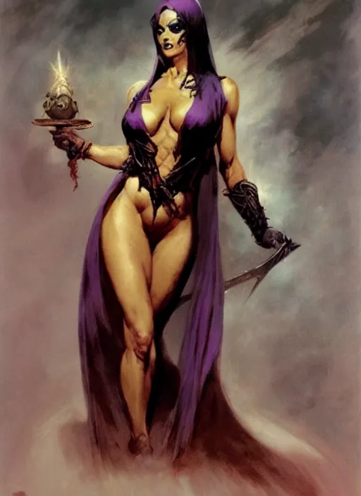 Prompt: ample female necromancer sorceress, strong line, deep color, beautiful! coherent! by frank frazetta, by brom, low angle