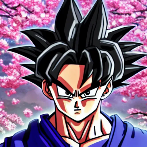 Image similar to highly detailed photo of goku wearing tuxedo standing in front of sakura trees, anime concept art, symmetrical face, with clear eyes highly detailed, 8 k