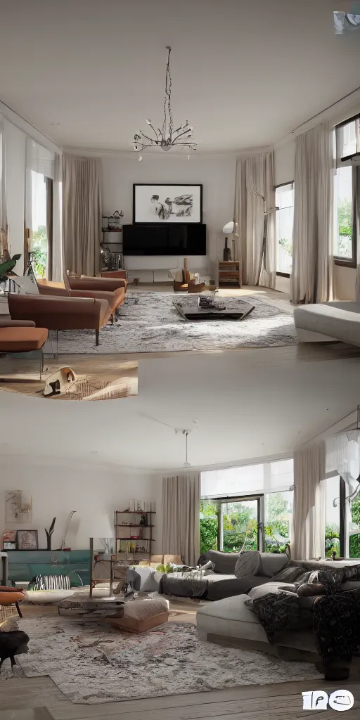 Image similar to photograph interior of 70's living room , octane render, unreal engine