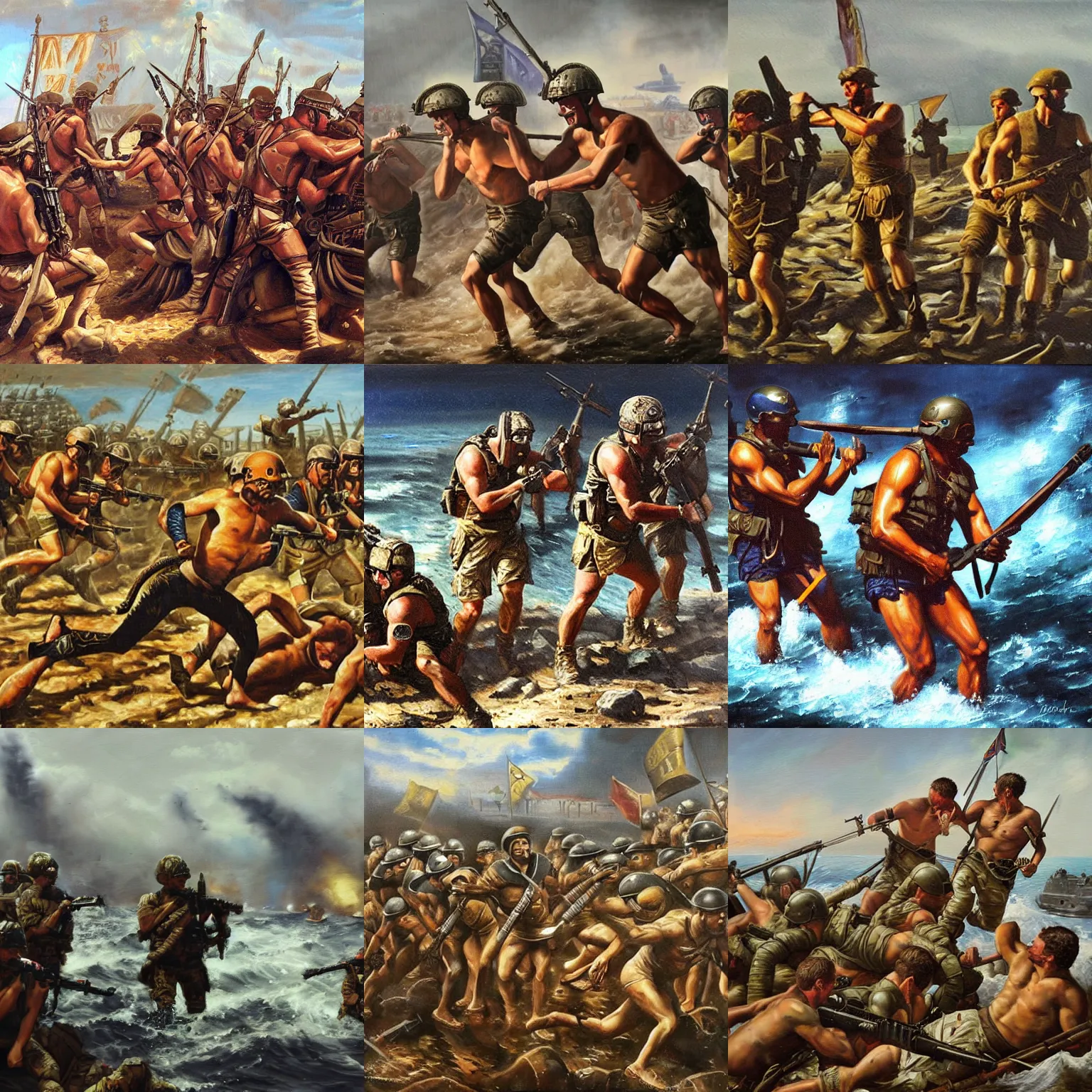 Prompt: navy SEALs battling Roman empire, oil painting