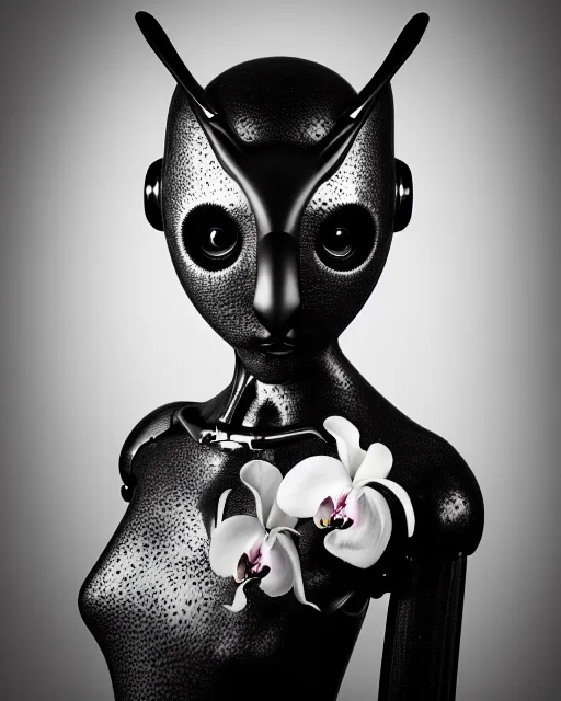 Image similar to surreal mythical dreamy dark artistic black and white fine art 3 / 4 portrait photo of a young delicate female robot with orchid - owl face, rim light, cinematic, studio dramatic light, poetic, octane render, 8 k, photo - realistic by hg giger