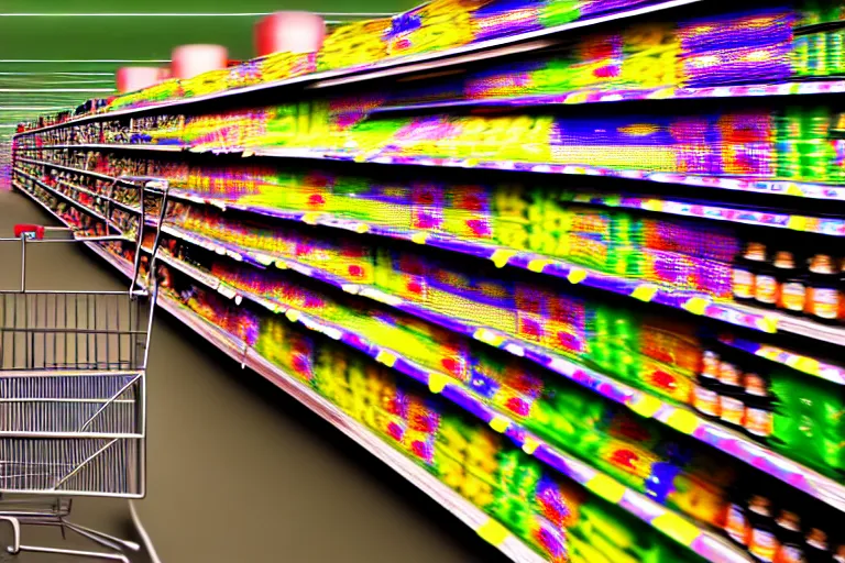 Prompt: lsd trip in the supermarket. super realistic 8 k render of a elegant, cinematic composition