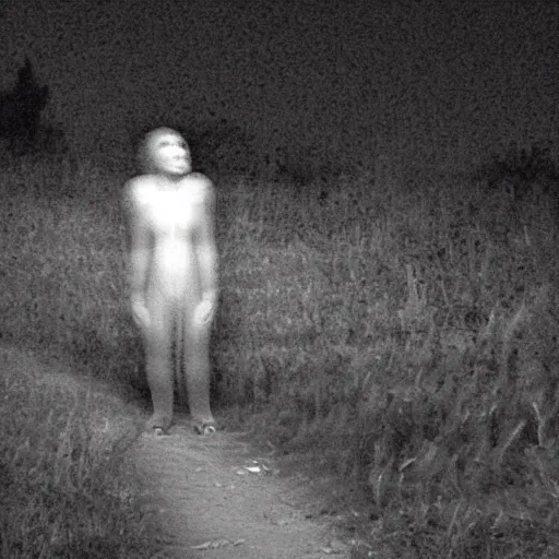 Prompt: bad quality blurry nightfootage nightcam black and white trailcam footage of native weird distorted human body Skinwalker transforming into a coyote, low resolution, compressed