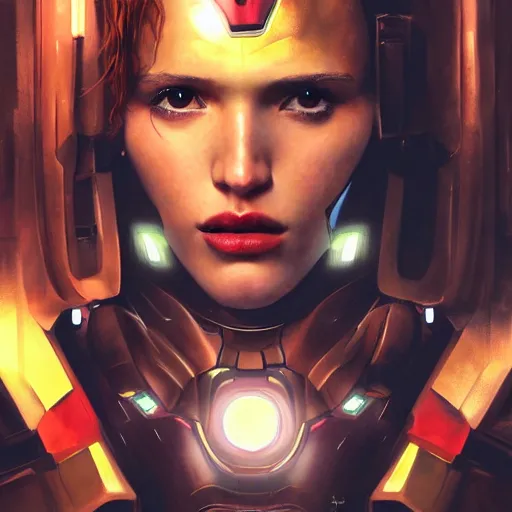 Prompt: full figure bella thorne as ironman, hyperrealistic portrait, bladerunner street, art of elysium by frank frazetta and jeremy mann and alphonse mucha, fantasy art, photo realistic, dynamic lighting, artstation, poster, volumetric lighting, very detailed face, 4 k, award winning