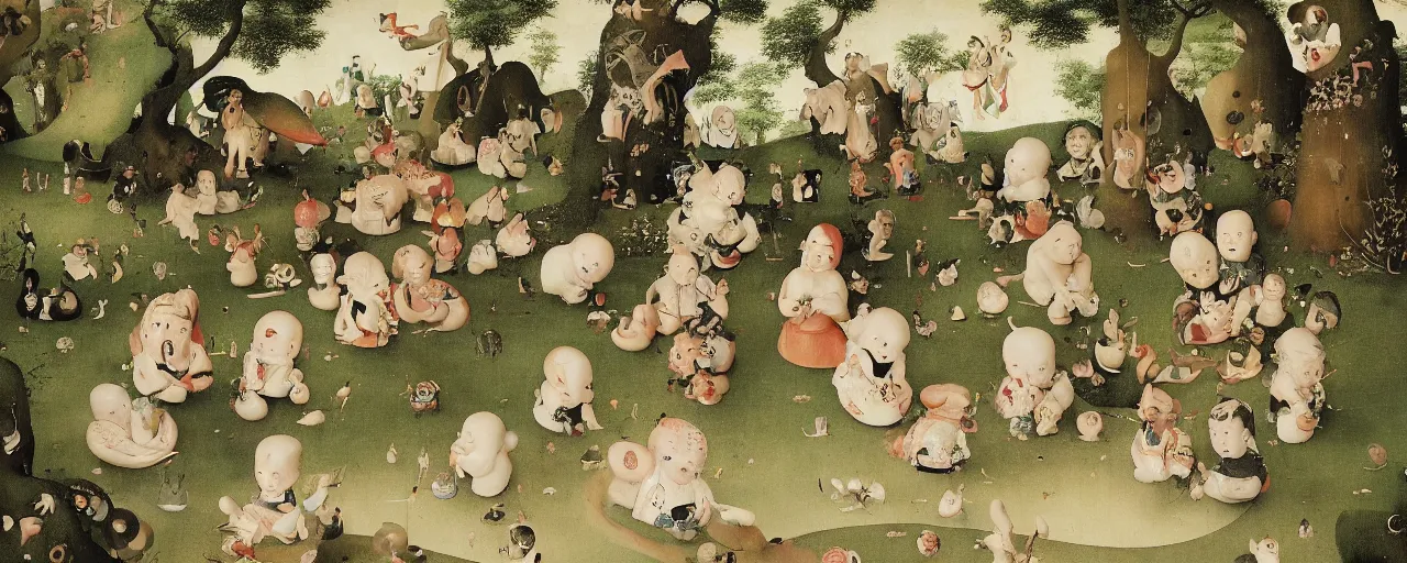 Prompt: Porcelain Children playing in a Japanese Garden by Hieronymus Bosch and James Jean, Ross Tran, HD, very cohesive, symmetry, conjuring psychedelic, hypermaximalist, 8k, surreal oil painting, highly detailed, dream like, masterpiece