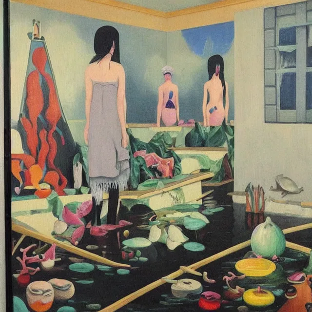 Image similar to tall female emo artists in their flooded apartment, painting of flood waters inside an artist's home, a river flooding indoors, pomegranates, pigs, ikebana, zen, water, octopus, river, rapids, waterfall, black swans, canoe, berries, acrylic on canvas, surrealist, by magritte and monet