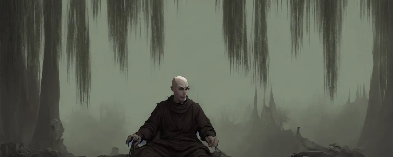 Image similar to duotone noir illustration close up of bald merchant demon sitting in midair among willow tree in medieval brown tunic. foggy evening. dark dream atmosphere with volumetric hellish lighting, by sachin teng and sergey kolesov and ruan jia and heng z. graffiti art, scifi, fantasy, hyper detailed. octane render. concept art. trending on artstation