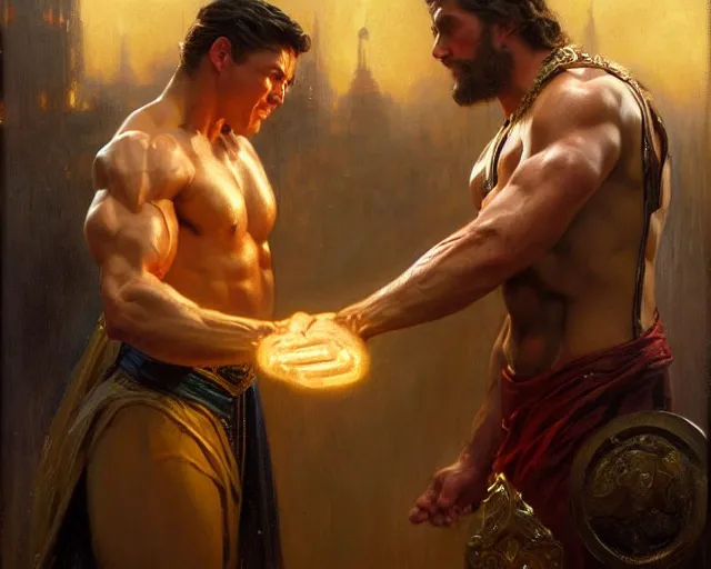 Image similar to regal magician man, casting light magic, summoning a muscular god. highly detailed painting by gaston bussiere, craig mullins, j. c. leyendecker 8 k