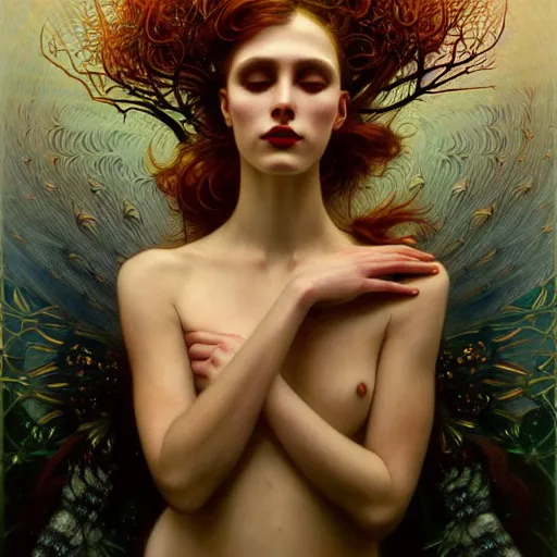 Prompt: unique non conventional beauty, surreal, fantasy, intricate, elegant, dramatic lighting, emotionally evoking symbolic metaphor, highly detailed, lifelike, photorealistic, digital painting, artstation, concept art, smooth, sharp focus, illustration, art by John Collier and Krenz Cushart and Artem Demura and Alphonse Mucha and Albert Aublet