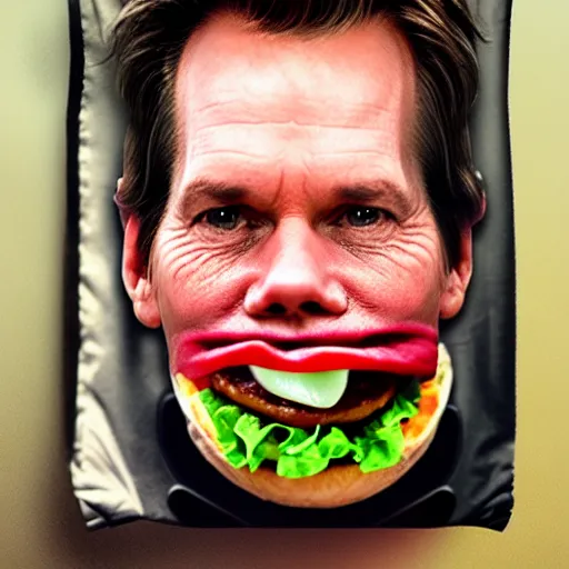 Image similar to kevin bacon face wrapped inside a cheeseburger