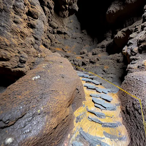 Image similar to The stairway is cut into the rocky sides of the chasm, descending to the bottom. The handholds of the stairway are smooth, and the sandy earth of the pathway is imbued with the scat of a variety of animals. You spot a web-toed humanoid footprint, descending into the cavern.