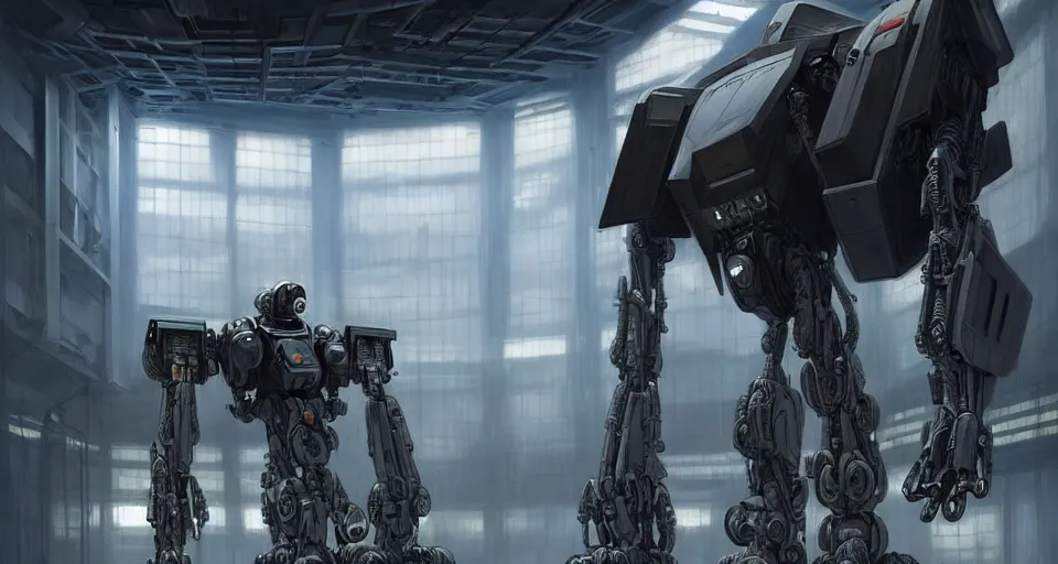 Image similar to hyper realistic sci - fi matte concept art painting of a mecha in a starship hanger, beautiful details, strong composition painted by kim jung guweta studio rutkowski, james gurney and greg rutkowski, and lucasfilm, smooth, intricate, detailed, sharp focus, cinematic