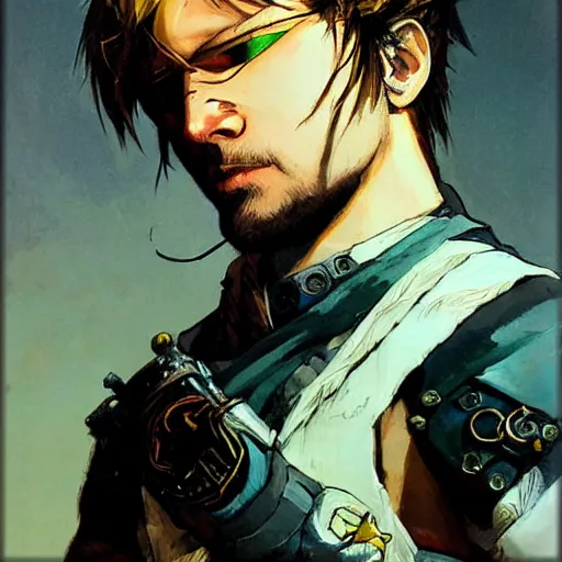 Image similar to portrait of a young white hero using his right arm to hold his sword covering his eye by yoji shinkawa, high quality, extra details, realism, ornate, colored, golden chain, blood, white skin, short hair, brown eyes, vivid, sunlight, headband, eyepatch, white american soldier, painting, proud, cybernetics, military