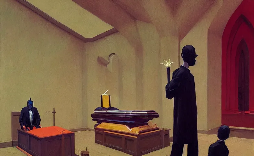 Prompt: funeral at church,highly detailed, very coherent, painted by Francis Bacon and Edward Hopper, Wayne Barlowe, painted by James Gilleard, surrealism, airbrush, art by JamesJean