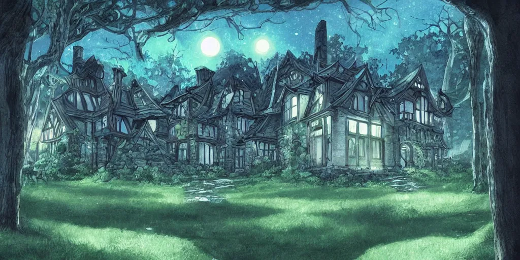 Image similar to manor in the middle of the forest, at night, no light, green, blue, bright, artstation, detailled, manga!!!, fantasy!!!!!!