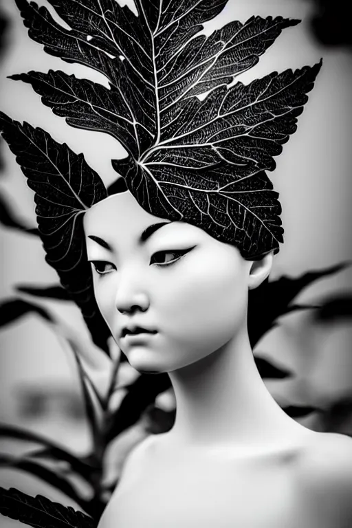 Image similar to monochrome close - up profile face black background beautiful young porcelain vegetal, dragon, cyborg, female 1 5 0 mm beautiful leaves, hyperdetailed, intricate, 8 k, low key