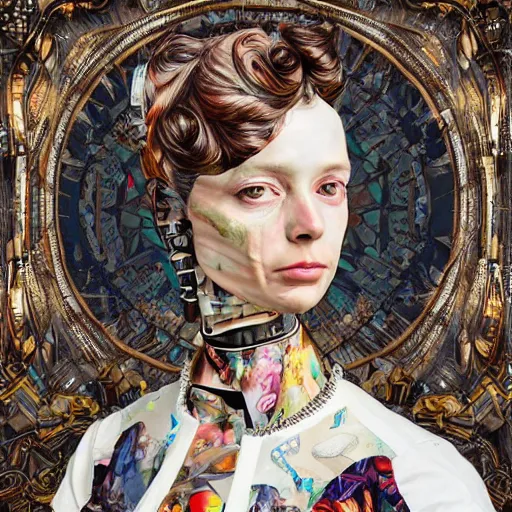 Prompt: deepdream portrait of a female scientist who is also a robot, rococo style, by Sandra Chevrier