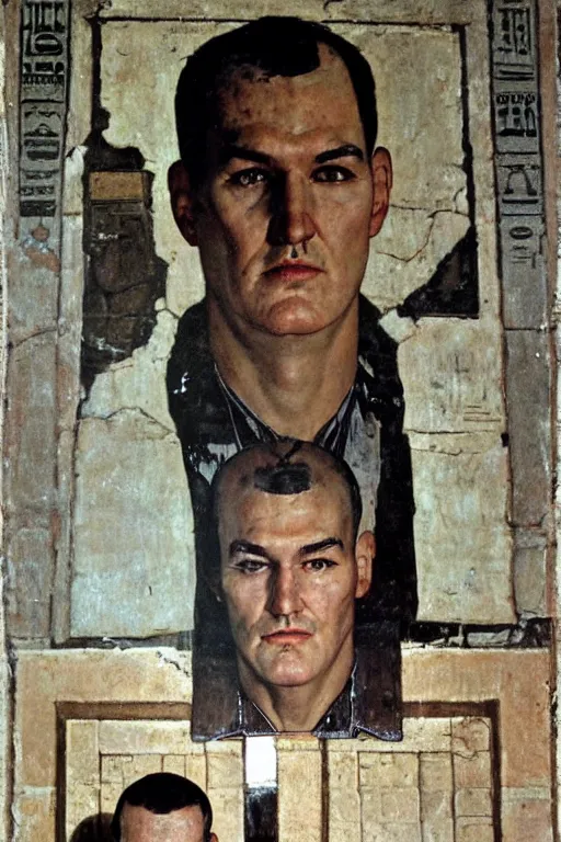 Image similar to a closer personal portrait of the zodiac killer, very charismatic. in the old ancient temple of luxor. masterpiece, dark. painted by norman rockwell and james gurney