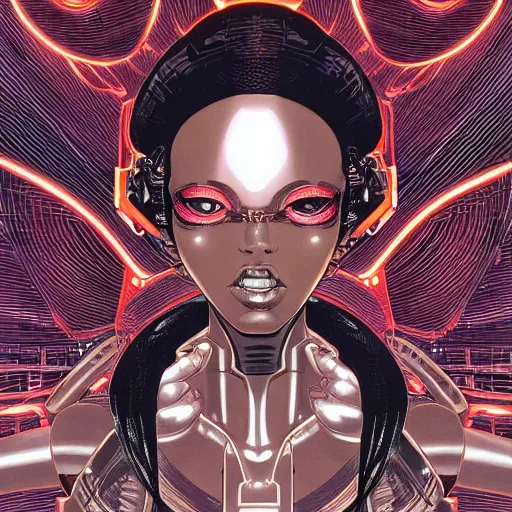 Image similar to portrait closeup of black glossy woman mecha, symmetrical, by yoichi hatakenaka, masamune shirow, josan gonzales and dan mumford, ayami kojima, takato yamamoto, barclay shaw, karol bak, yukito kishiro, moebius