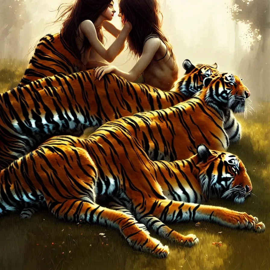 Prompt: the relationship between a girl and a tiger. they love each other, girl with beautiful soft woman body, detailed digital art by greg rutkowski.