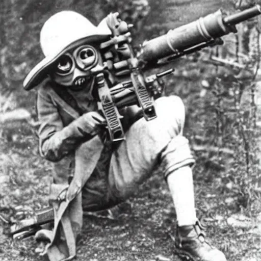 Image similar to old wartime photograph of crazy frog holding a lewis gun, 1 9 1 7