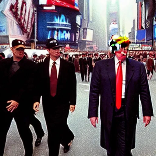 Prompt: still of donald trump walking with bodyguards in time square, wearing maga hat, in american psycho ( 1 9 9 9 )