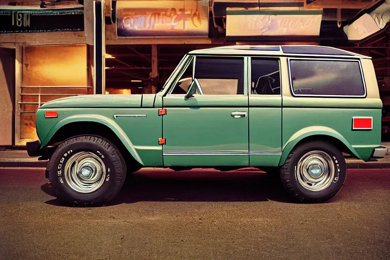 Prompt: stylized poser of a single 1973 Volkwagen Bronco, thick neon lights, ektachrome photograph, volumetric lighting, f8 aperture, cinematic Eastman 5384 film