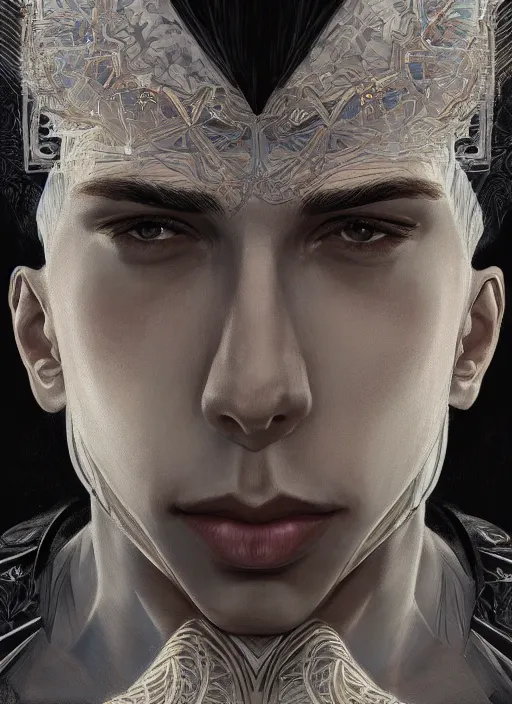 Image similar to symmetry!! austin butler, male, machine parts embedded into face, intricate, elegant, highly detailed, digital painting, artstation, concept art, smooth, sharp focus, illustration, art by artgerm and greg rutkowski and alphonse mucha, 8 k