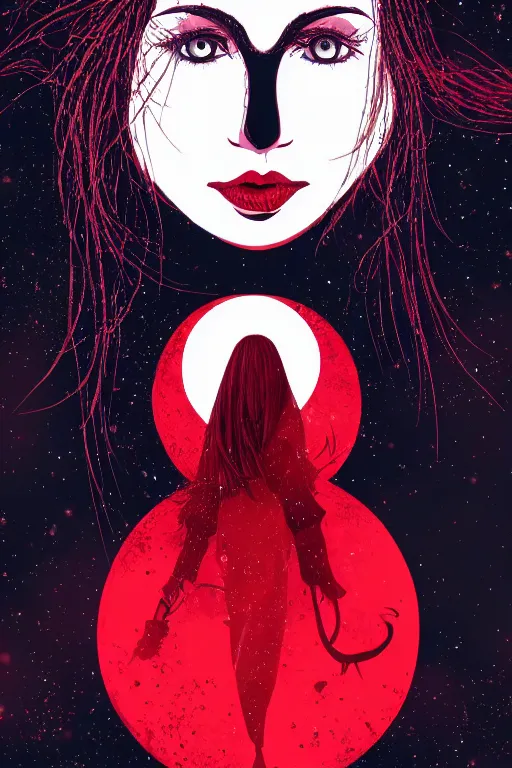 Image similar to close-up portrait of a dark witch in front of the full big moon, red background, vector graphic, detailed, full HD, 4k, 8k, 1080p