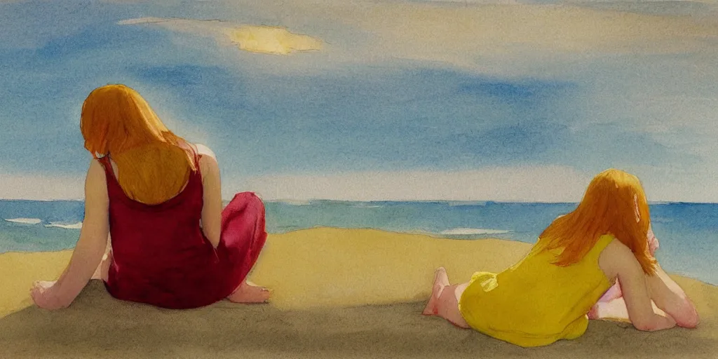 Prompt: girl with strawberry blonde hair wearing a yellow sundress sitting on a beach by the ocean, sunset, god rays, big clouds, watercolor and pencil, pastel colors, edward hopper, andrew wyeth
