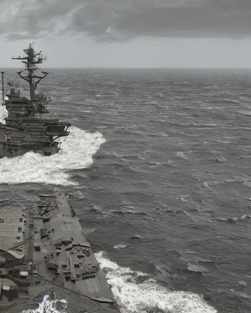 Image similar to view from an aircraft carrier of stormy seas, stormy weather, unreal engine, hyper realism, realistic shading, cinematic composition, realistic render, octane render, detailed textures, photorealistic, ultrawide shot, 16mm lens