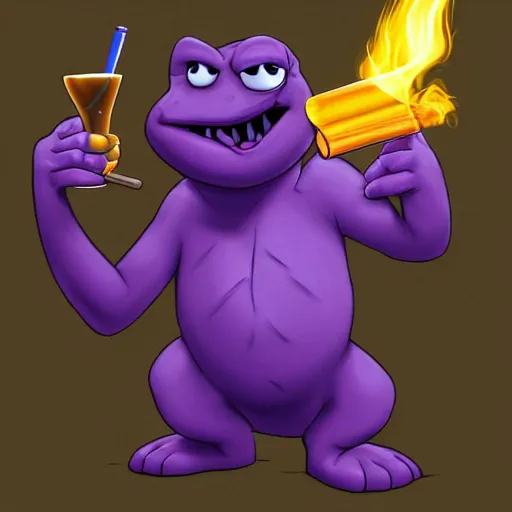 Image similar to barney the purple dinosaur from kids show drinking whisky and smoking a cigar, portrait art, digital art, trending on artstation