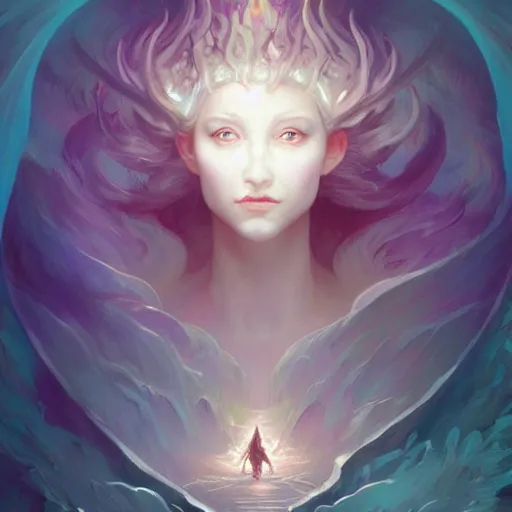 Prompt: a beautiful stunning fantasy whimsical matte digital portrait, the white spiny dragon, it stares into a glacier mirror for answers, white hunting death dragon, concept art by William Adolphe-Bouguereau and Anna Dittmann and Anton Fadeev and Anato Finnstark, pastel color palette, trending on artstation hq