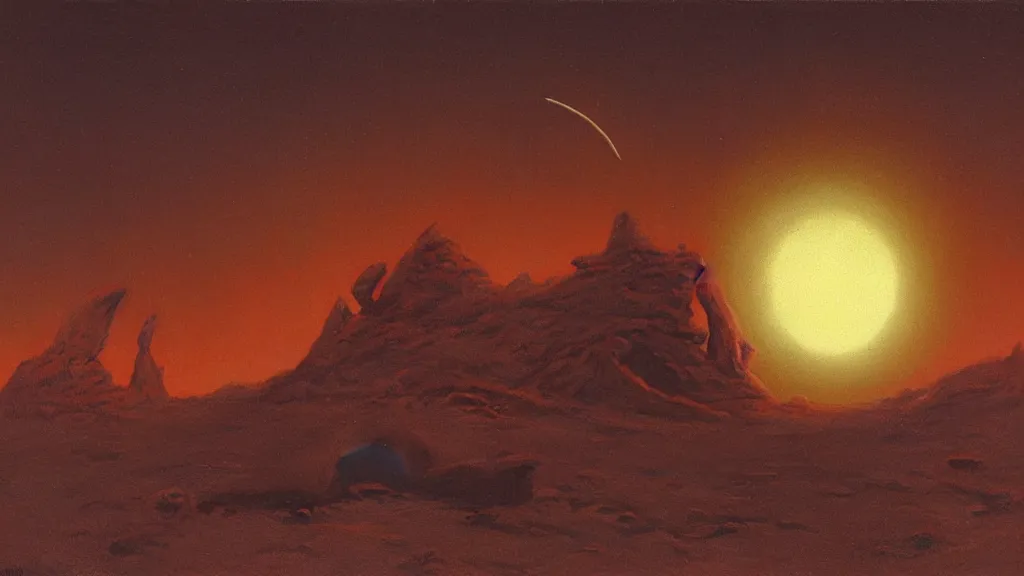 Image similar to mysterious sculpture of an alien crescent moon by paul lehr and john schoenherr, cinematic matte painting