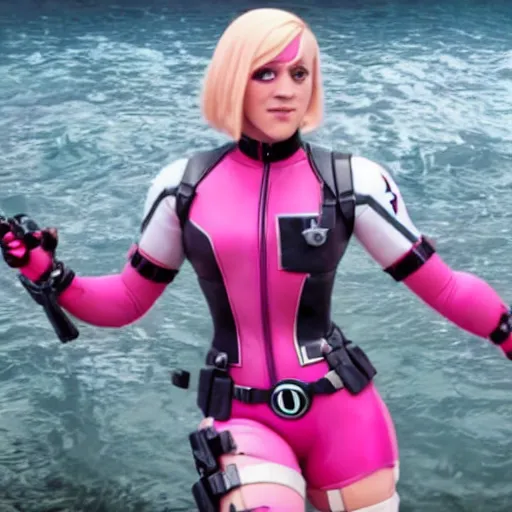 Image similar to A still of Gwenpool in Deadpool 3 (2023), blonde hair with pink highlights, no mask, light-pink costume