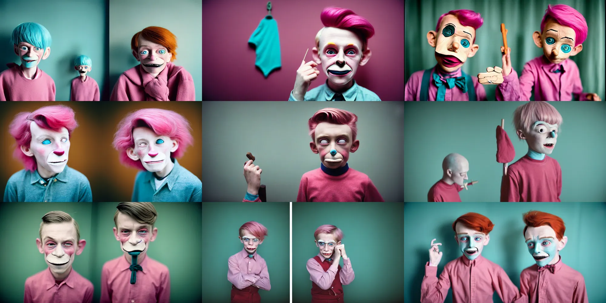 Prompt: kodak portra 4 0 0, 8 k, highly detailed, britt marling style, award winning muted colour portrait of a half 8 year old evil boy, half wooden pinocchio, is totally sad and cries, pink. turquoise, motion blur, 1 9 2 0 s hair, 1 9 2 0 cloth style