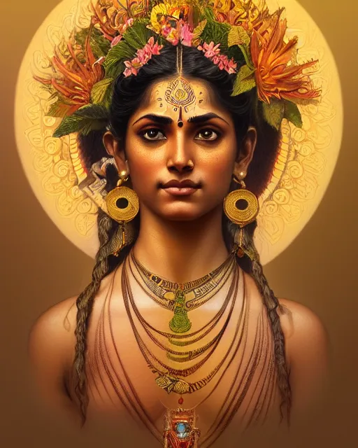 Image similar to portrait of a gaea goddess, upper body, decorated with hindu aesthetics, hindu, traditional art, intricate, elegant, highly detailed, digital painting, artstation, concept art, smooth, sharp focus, illustration, art by artgerm and greg rutkowski and alphonse mucha, 8 k