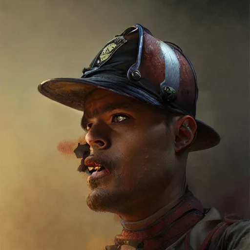 Image similar to portrait of a hero firefighter, bruised, covered in dirt, confident and proud, dramatic, intricate, headshot, highly detailed, digital painting, artstation, concept art, sharp focus, cinematic lighting, illustration, art by artgerm and greg rutkowski, alphonse mucha, cgsociety