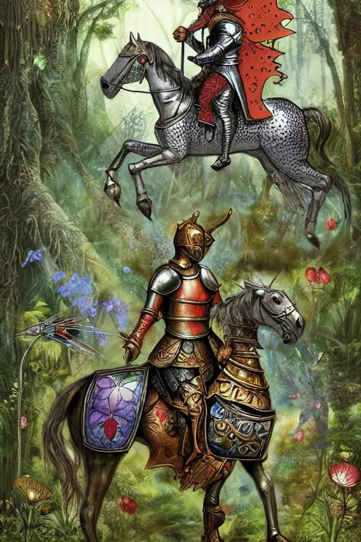 Image similar to medieval knight riding a horse in a magic kingdom overgrown by moss and plants, shiny armor, enchanted forest with fairies, wizards and magic mushrooms in the background, illustrated by james jean, very detailed and colorful and ornamental and floral, comicbook cover