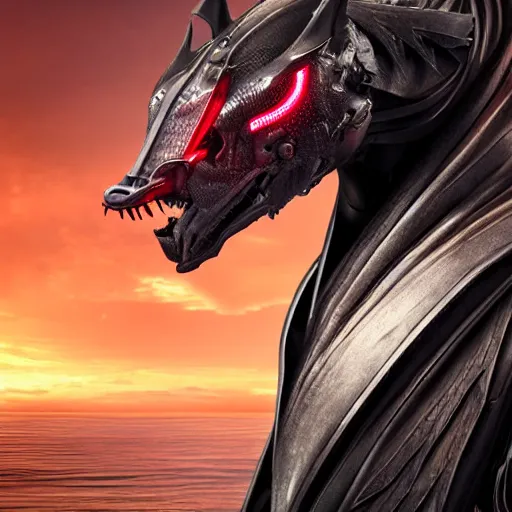 Prompt: epic close up shot, realistic detailed stunning beautiful anthropomorphic robot mechanical female dragon, doing an elegant pose with hand on hip, looking to the side, sleek streamlined armor and design, sharp claws, sleek well designed head with LED eyes, standing on two legs, wearing a hooded cloak that blows in the wind from behind her, on the beach during sunset, high quality, cinematic art, sunset lighting, artstation, deviantart, furaffinity